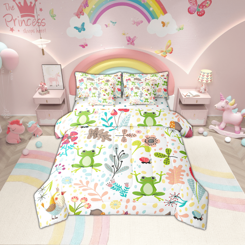 Erosebridal Rabbit Bedding Set Twin,Cute Rabbit Bed In A Bag 7 Piece ,Cartoon Rustic Animal Comforter Set With Sheets Kawaii Woodland Leaves Flower Sheet Set With Comforter