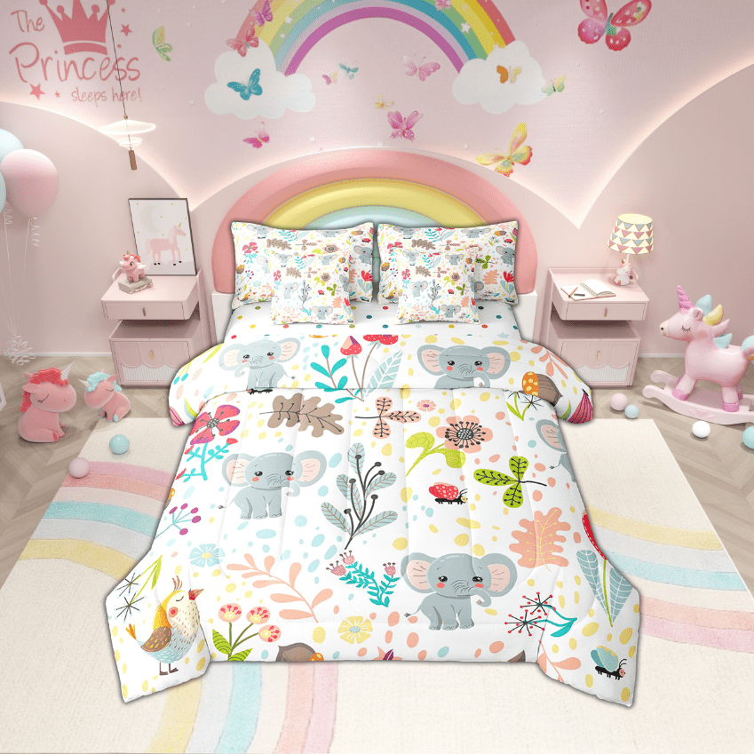 Erosebridal Rabbit Bedding Set Twin,Cute Rabbit Bed In A Bag 7 Piece ,Cartoon Rustic Animal Comforter Set With Sheets Kawaii Woodland Leaves Flower Sheet Set With Comforter