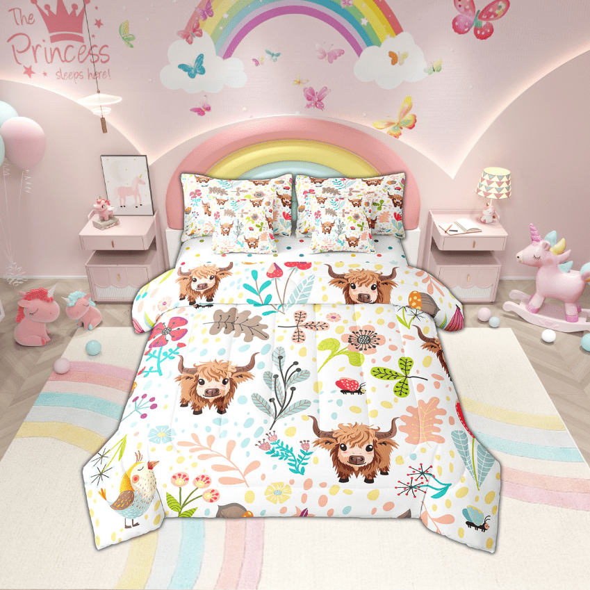 Erosebridal Rabbit Bedding Set Twin,Cute Rabbit Bed In A Bag 7 Piece ,Cartoon Rustic Animal Comforter Set With Sheets Kawaii Woodland Leaves Flower Sheet Set With Comforter