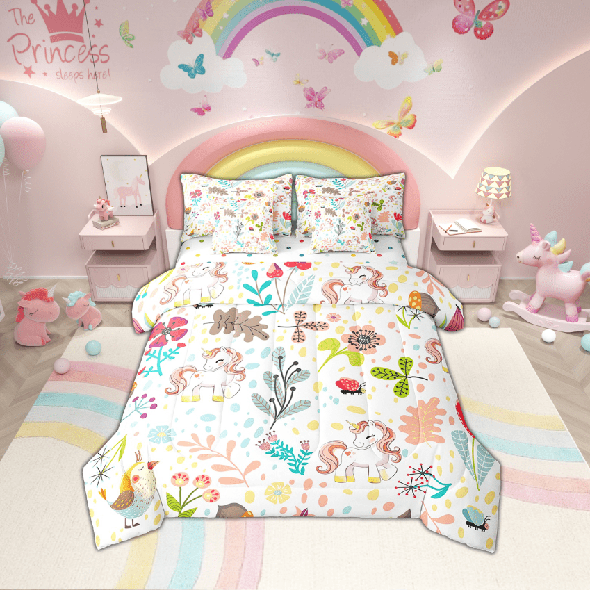 Erosebridal Rabbit Bedding Set Twin,Cute Rabbit Bed In A Bag 7 Piece ,Cartoon Rustic Animal Comforter Set With Sheets Kawaii Woodland Leaves Flower Sheet Set With Comforter