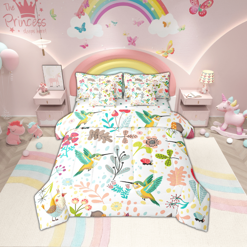 Erosebridal Rabbit Bedding Set Twin,Cute Rabbit Bed In A Bag 7 Piece ,Cartoon Rustic Animal Comforter Set With Sheets Kawaii Woodland Leaves Flower Sheet Set With Comforter