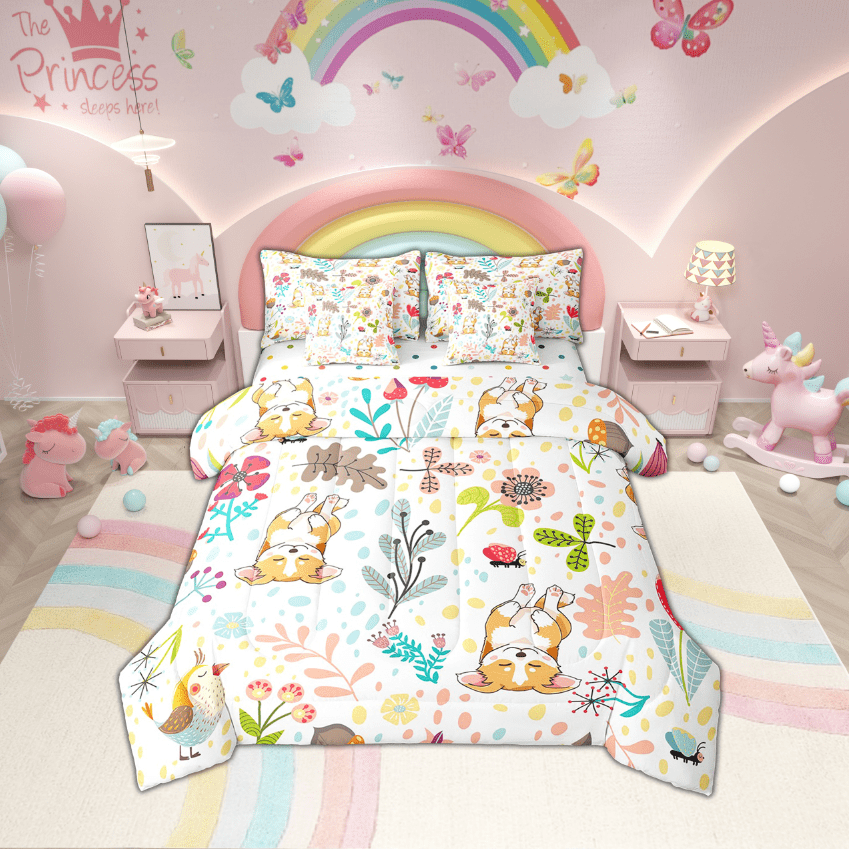 Erosebridal Rabbit Bedding Set Twin,Cute Rabbit Bed In A Bag 7 Piece ,Cartoon Rustic Animal Comforter Set With Sheets Kawaii Woodland Leaves Flower Sheet Set With Comforter