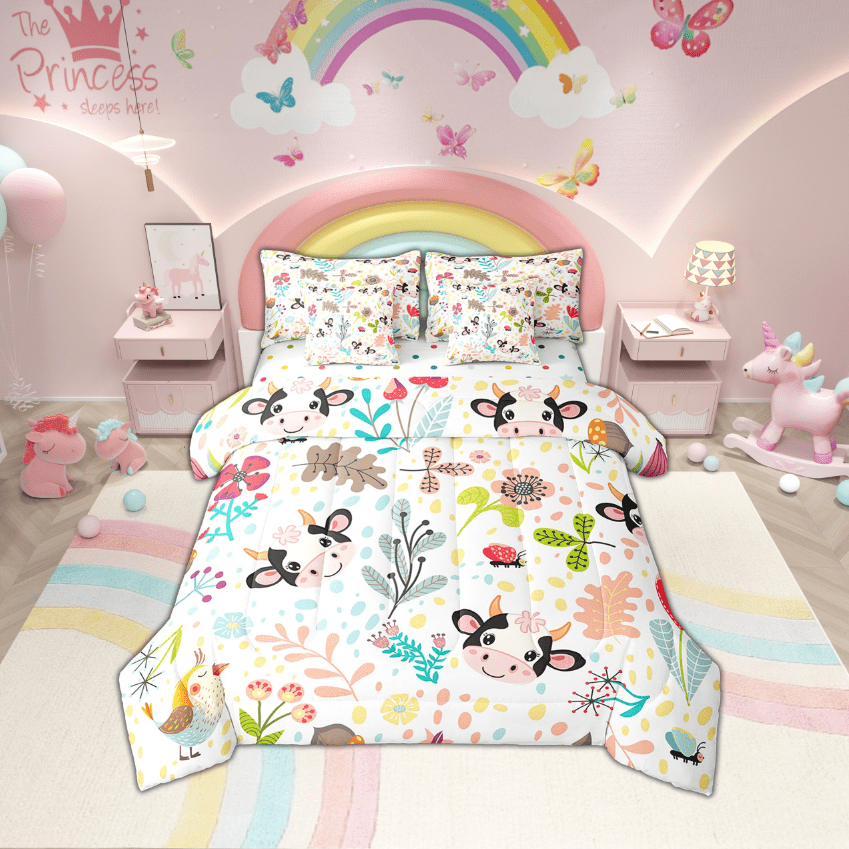 Erosebridal Rabbit Bedding Set Twin,Cute Rabbit Bed In A Bag 7 Piece ,Cartoon Rustic Animal Comforter Set With Sheets Kawaii Woodland Leaves Flower Sheet Set With Comforter