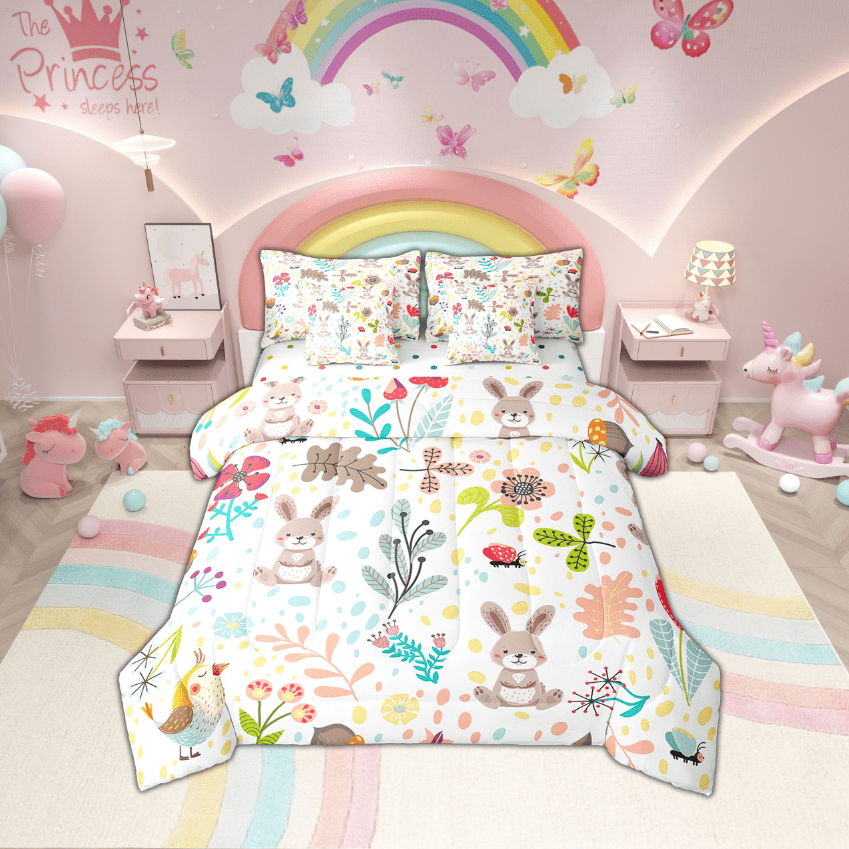 Erosebridal Rabbit Bedding Set Twin,Cute Rabbit Bed In A Bag 7 Piece ,Cartoon Rustic Animal Comforter Set With Sheets Kawaii Woodland Leaves Flower Sheet Set With Comforter