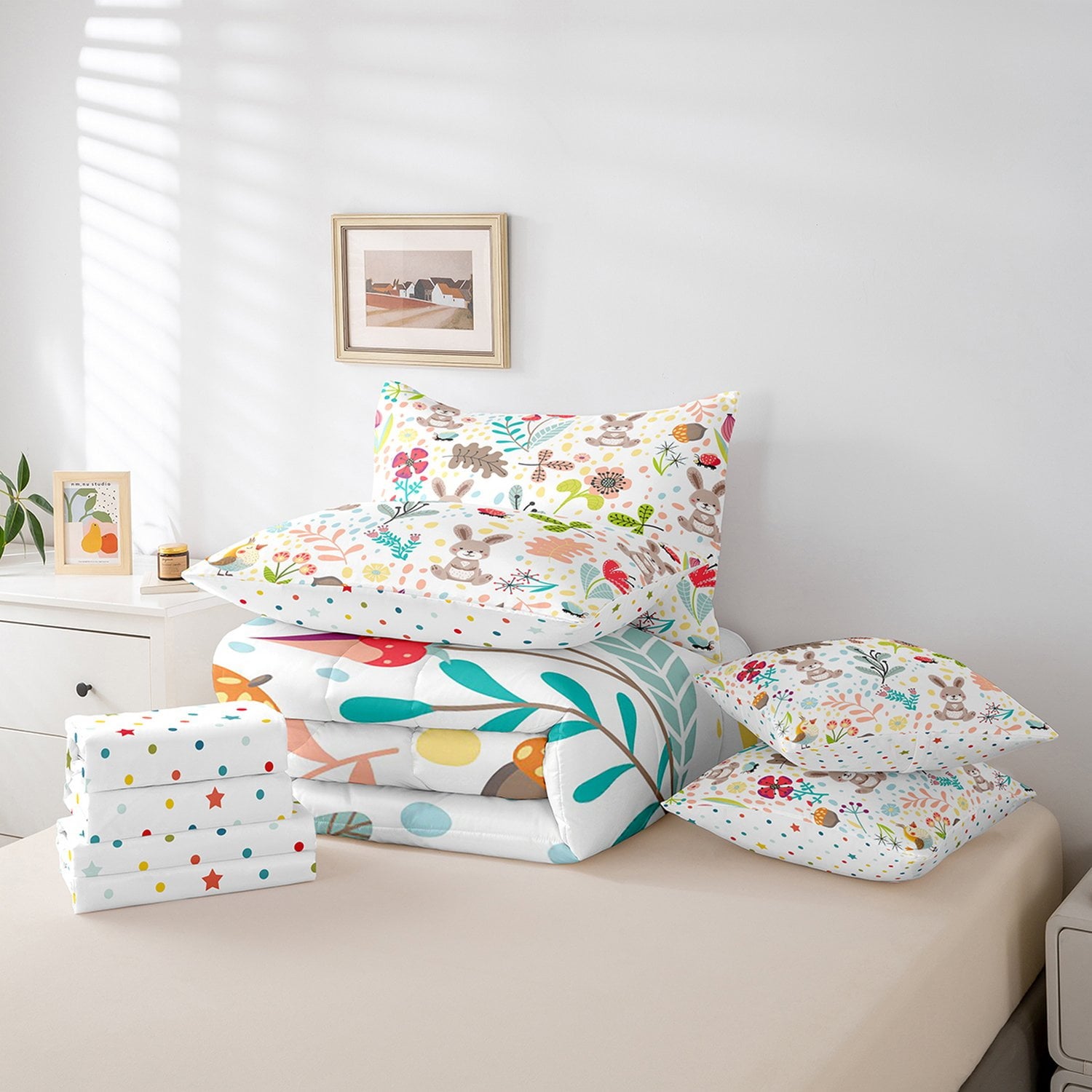 Erosebridal Rabbit Bedding Set Twin,Cute Rabbit Bed In A Bag 7 Piece ,Cartoon Rustic Animal Comforter Set With Sheets Kawaii Woodland Leaves Flower Sheet Set With Comforter