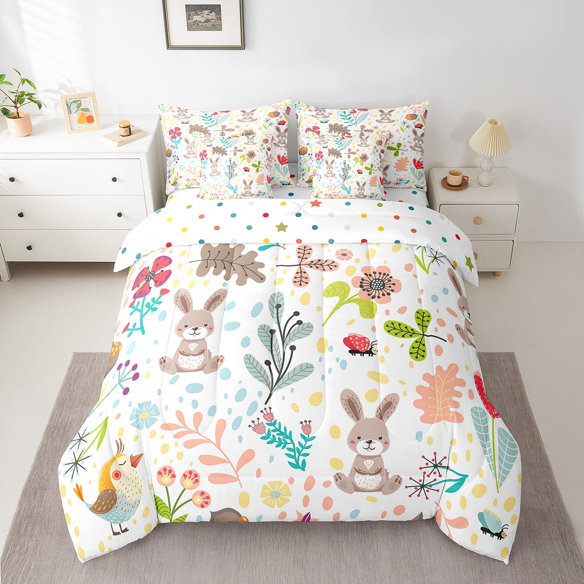 Erosebridal Rabbit Bedding Set Twin,Cute Rabbit Bed In A Bag 7 Piece ,Cartoon Rustic Animal Comforter Set With Sheets Kawaii Woodland Leaves Flower Sheet Set With Comforter
